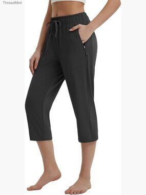 Womens Yoga Capri Pants with Zipper Pockets Drawstring Crop 19"